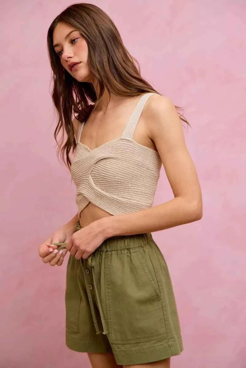 Olive Paper Bag Patch Pocket Drawstring Twill Shorts by So Me