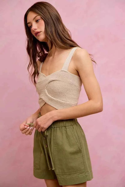 Olive Paper Bag Patch Pocket Drawstring Twill Shorts by So Me