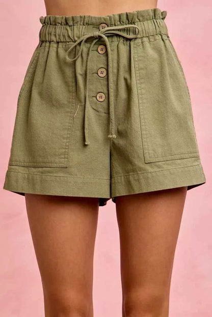 Olive Paper Bag Patch Pocket Drawstring Twill Shorts by So Me