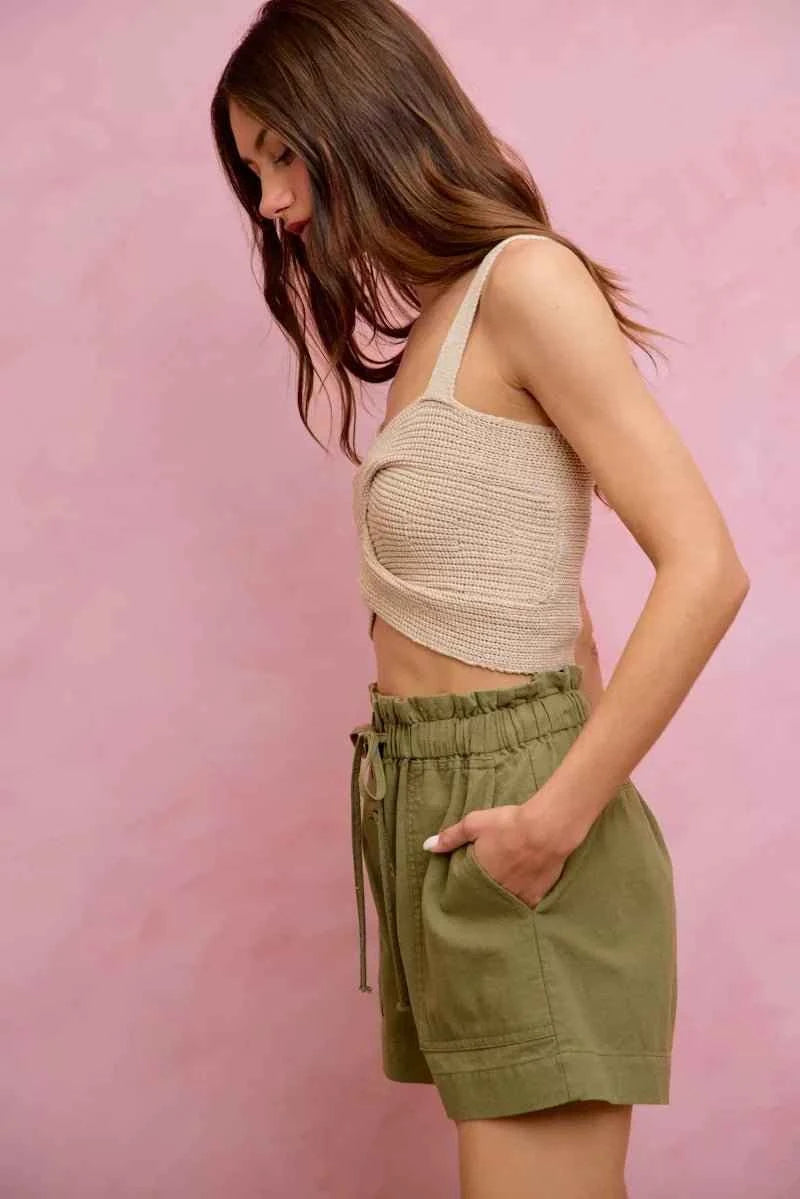 Olive Paper Bag Patch Pocket Drawstring Twill Shorts by So Me