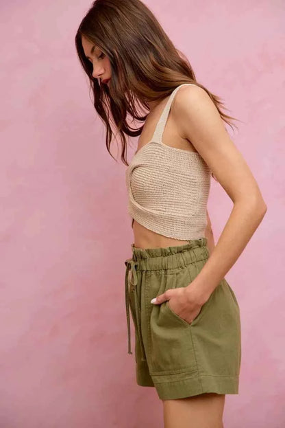 Olive Paper Bag Patch Pocket Drawstring Twill Shorts by So Me