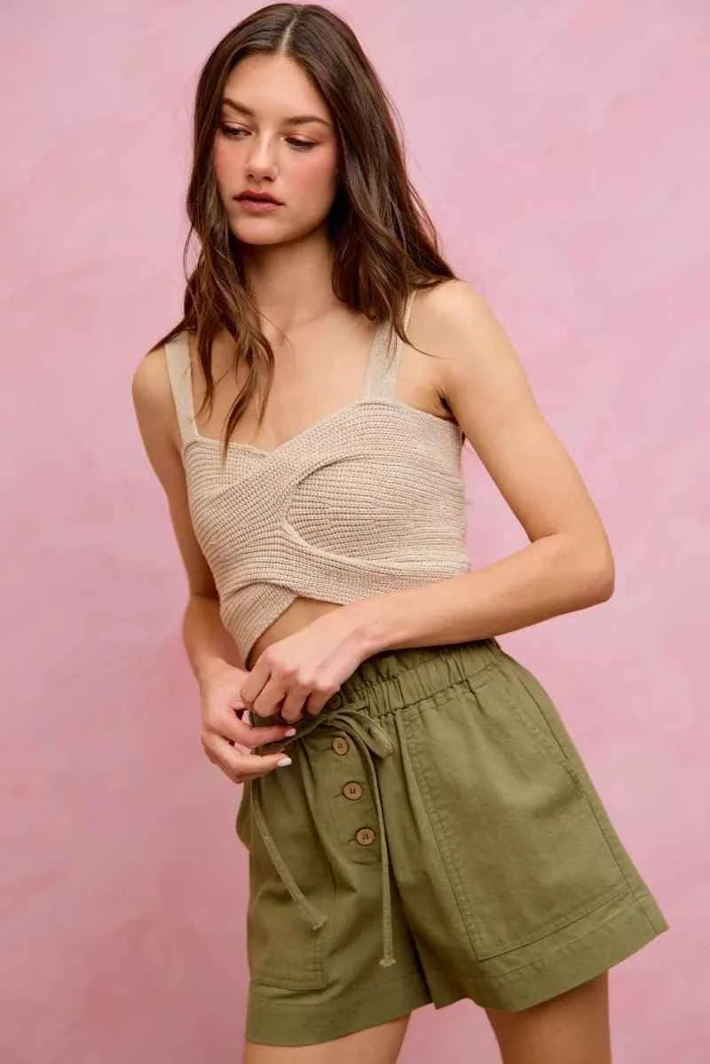 Olive Paper Bag Patch Pocket Drawstring Twill Shorts by So Me