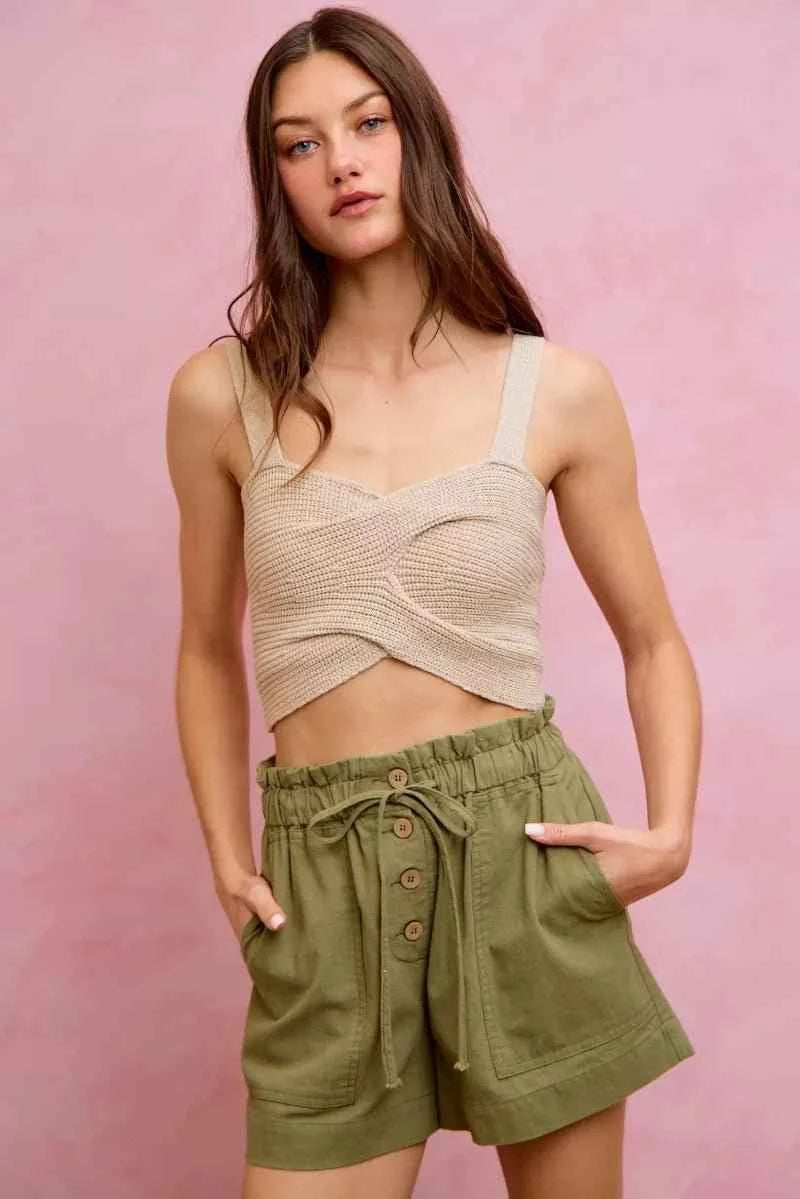 Olive Paper Bag Patch Pocket Drawstring Twill Shorts by So Me
