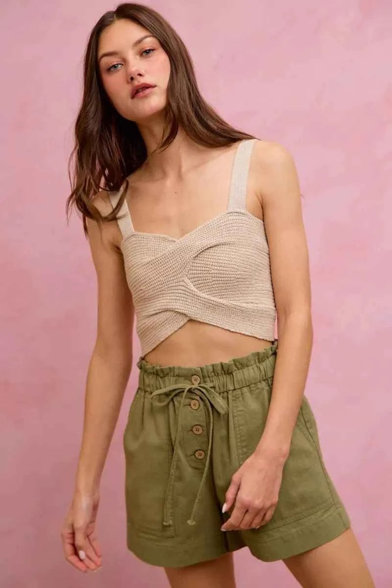 Olive Paper Bag Patch Pocket Drawstring Twill Shorts by So Me