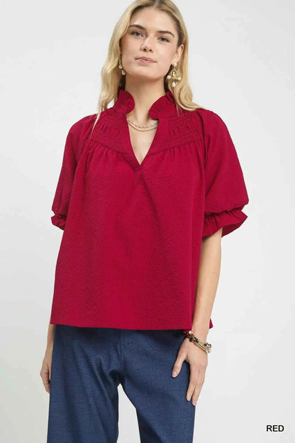 Red Textured Smocked Yoke Split-Neck Top by Umgee