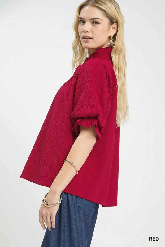 Red Textured Smocked Yoke Split-Neck Top by Umgee