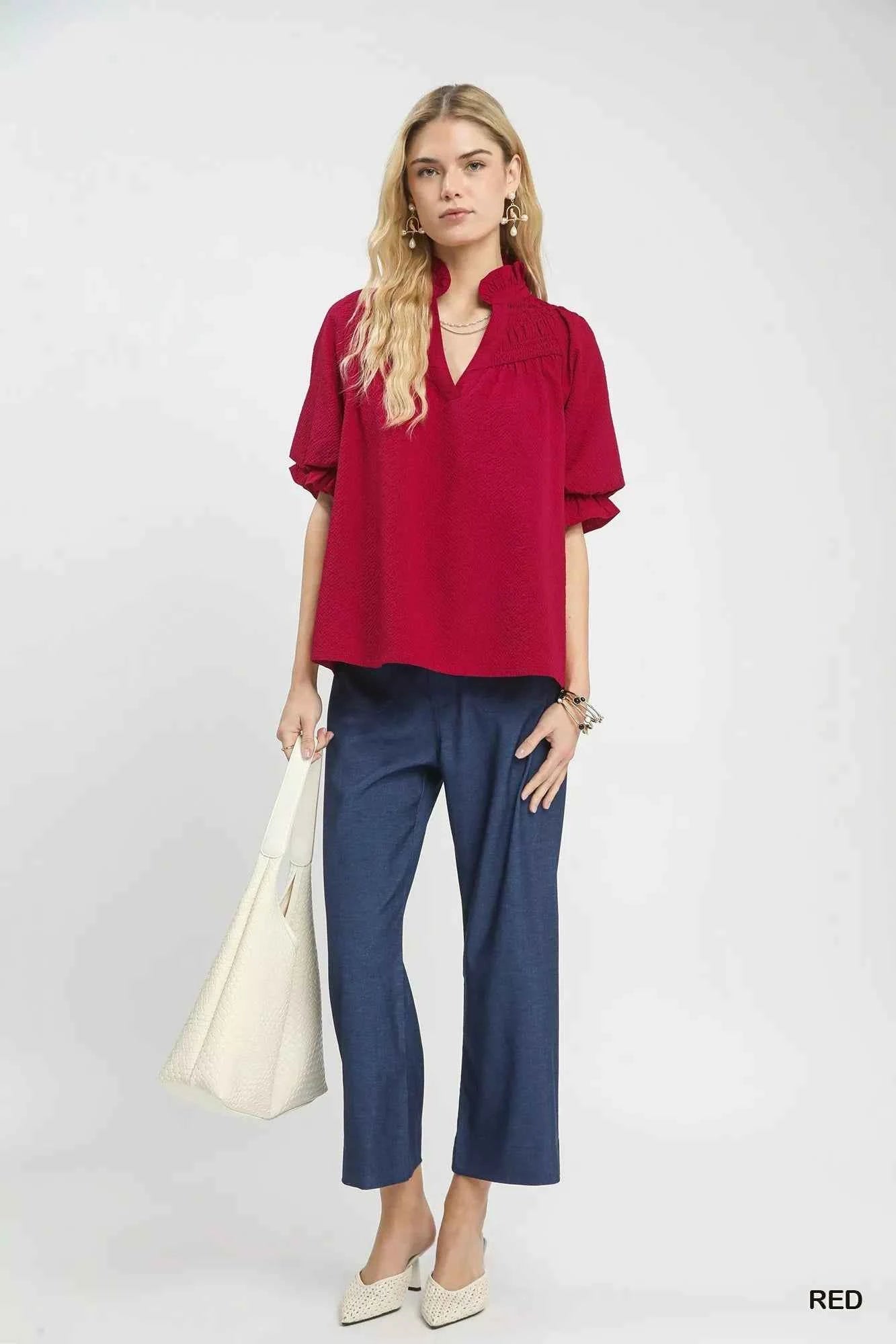 Red Textured Smocked Yoke Split-Neck Top by Umgee