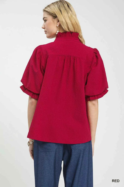 Red Textured Smocked Yoke Split-Neck Top by Umgee