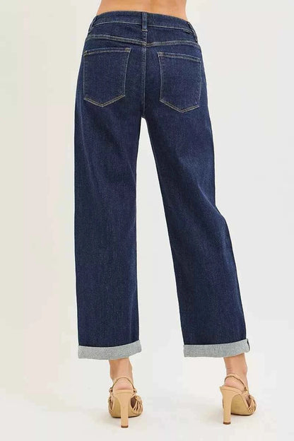 Solid Dark Wash Slouchy Cropped  Boyfriend Jeans with Cuffed Hem by Risen