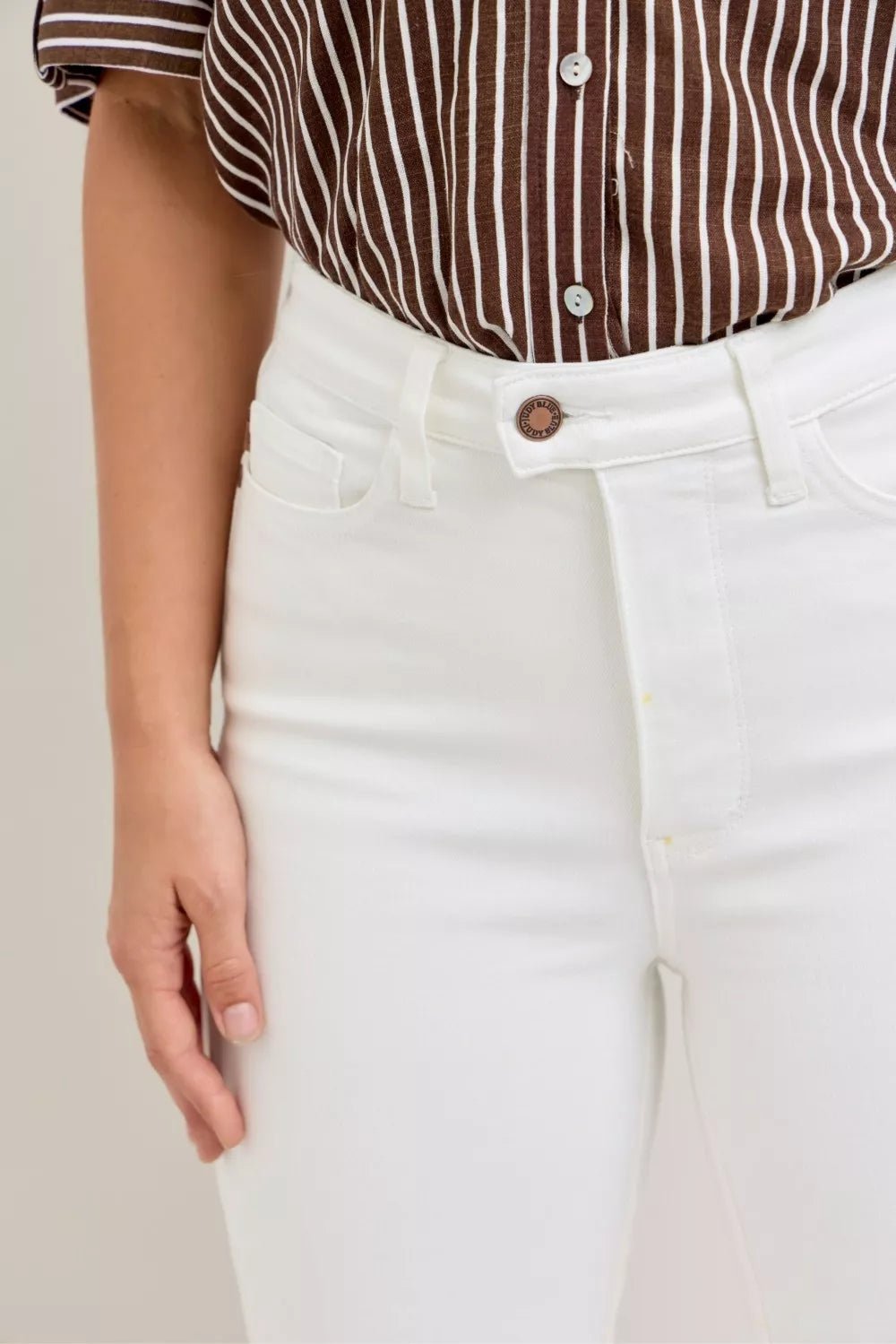 Women's White High Waist Extended Waistband Capri Pants with Spade Pockets by Judy Blue - What Lala Loves