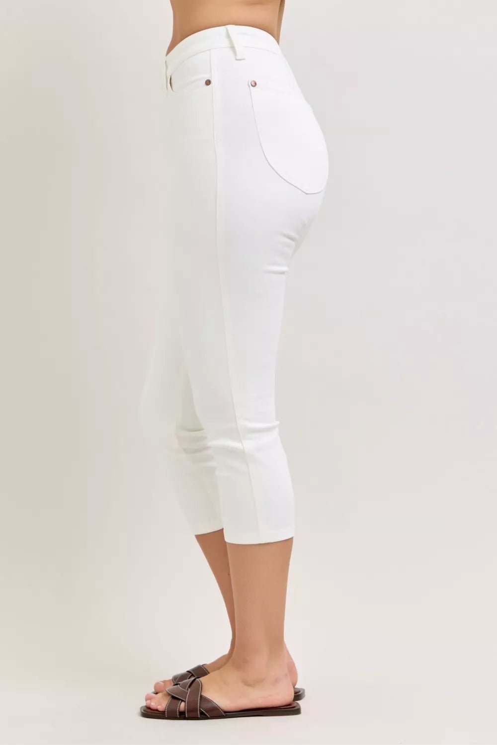 Women's White High Waist Extended Waistband Capri Pants with Spade Pockets by Judy Blue - What Lala Loves