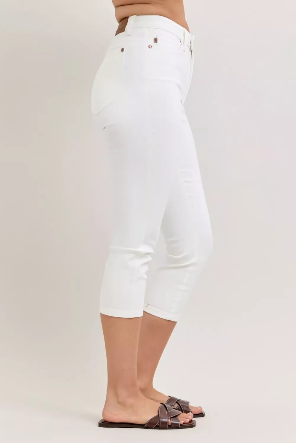 Women's White High Waist Extended Waistband Capri Pants with Spade Pockets by Judy Blue - What Lala Loves