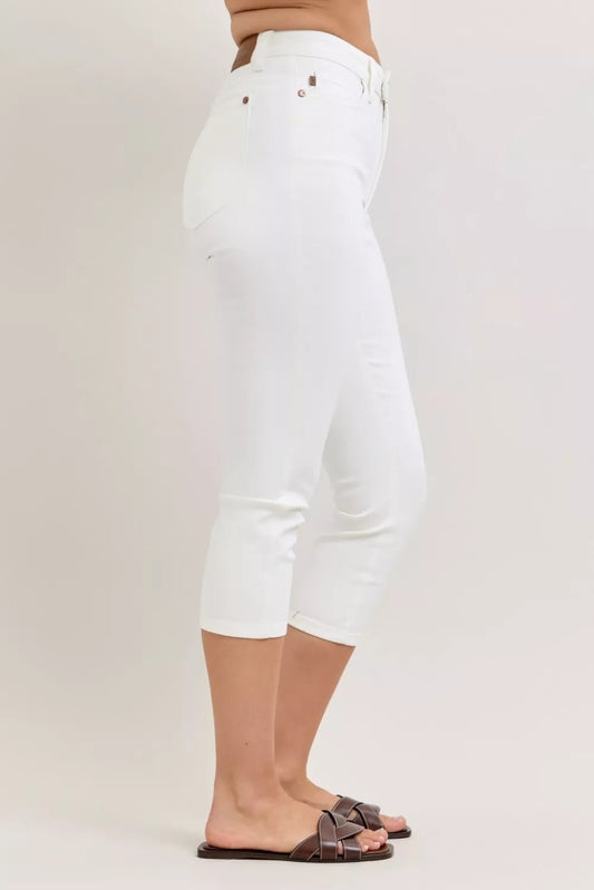 Women's White High Waist Extended Waistband Capri Pants with Spade Pockets by Judy Blue - What Lala Loves