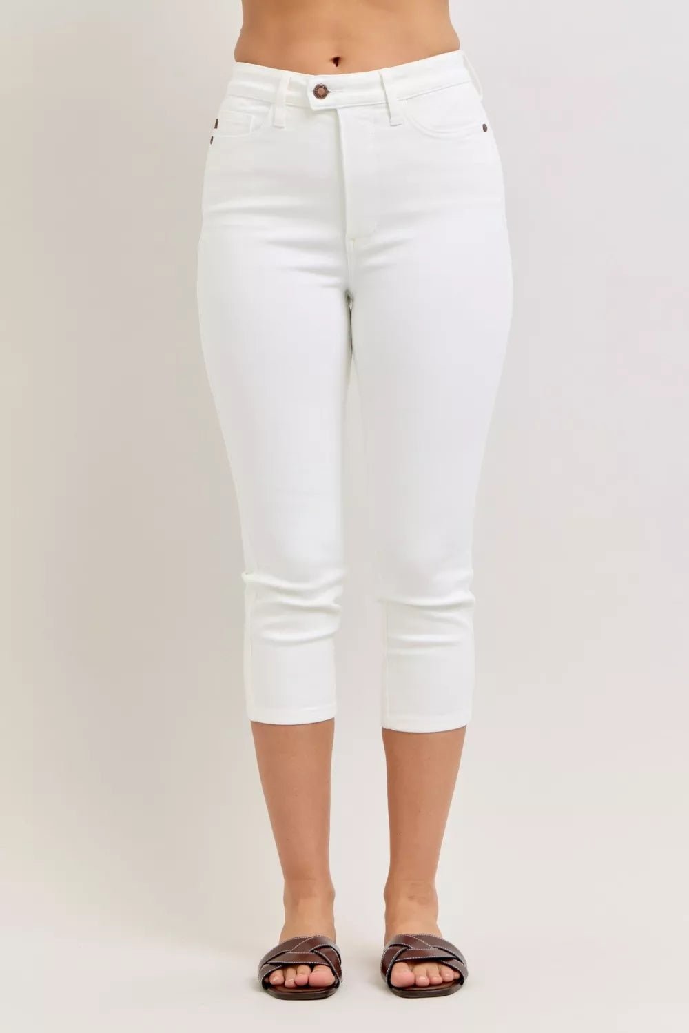 Women's White High Waist Extended Waistband Capri Pants with Spade Pockets by Judy Blue - What Lala Loves