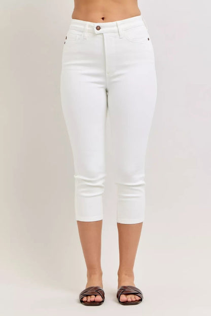 Women's White High Waist Extended Waistband Capri Pants with Spade Pockets by Judy Blue - What Lala Loves