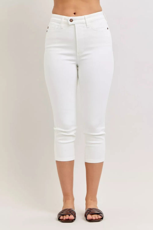 Women's White High Waist Extended Waistband Capri Pants with Spade Pockets by Judy Blue - What Lala Loves