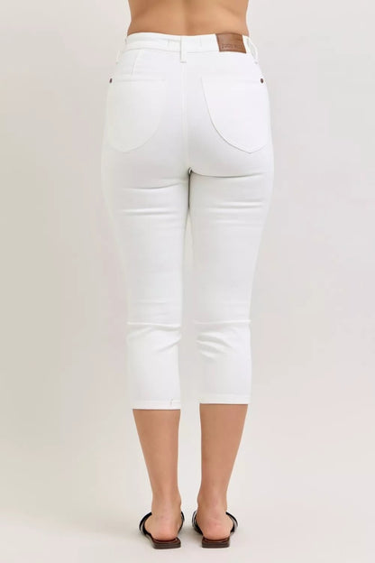 Women's White High Waist Extended Waistband Capri Pants with Spade Pockets by Judy Blue - What Lala Loves