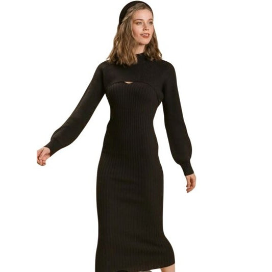 Umgee 2PC Knit V-Neck Dress W/ Cropped Pullover Sweater~Stretch~Large